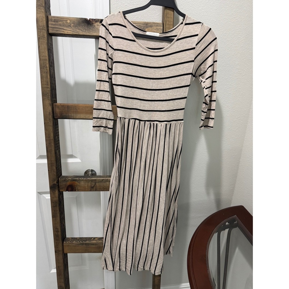 Reborn J Womens Tan Black Striped Midi Dress Pockets 3/4 Sleeve Medium T7737-ST4